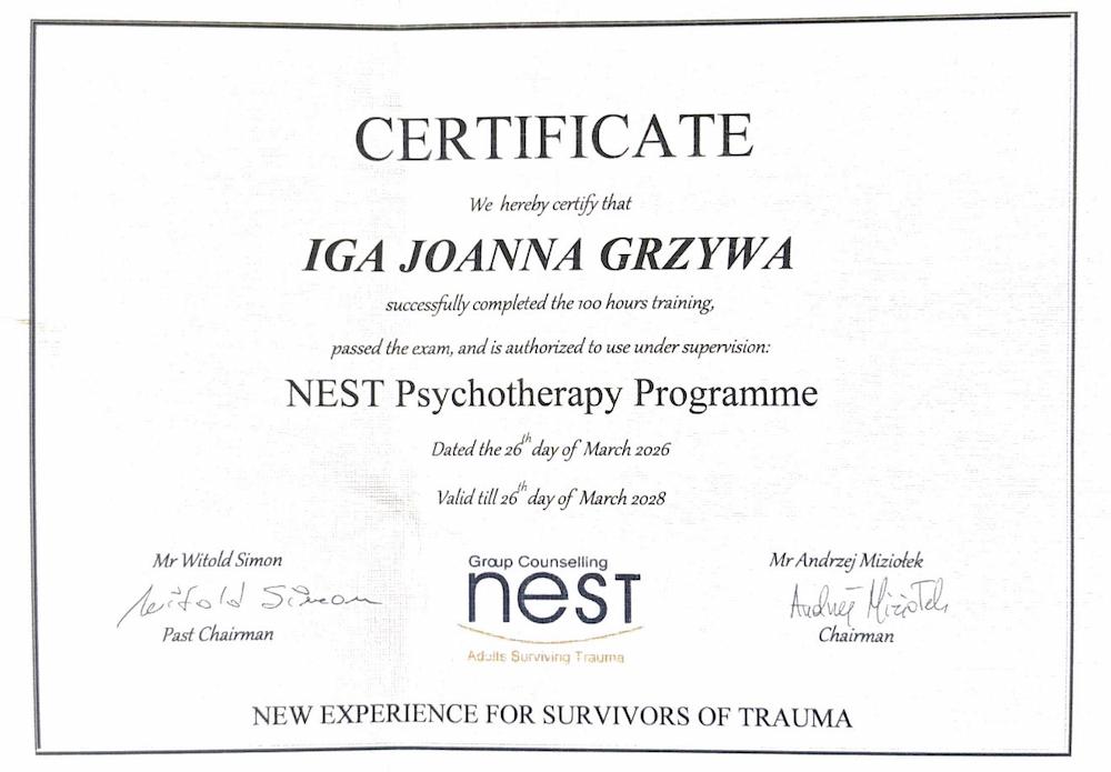 Certyfikat NEST Psychotheraphy Programme